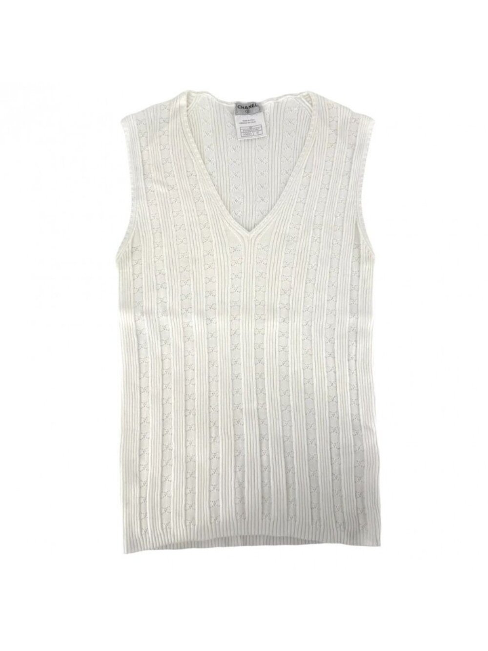 Chanel Tank Top Sleeveless Top Striped Lace 42 White Cotton Summer